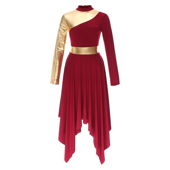 TiaoBug Women's Liturgical Praise Dance Costume Metallic Color Block Dress Church Worship Dancewear Burgundy M