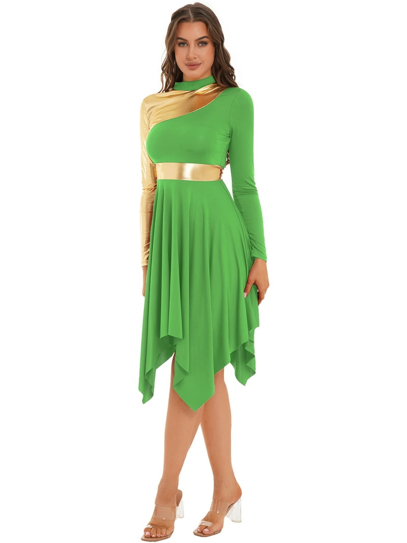 TiaoBug Women's Liturgical Praise Dance Costume Metallic Color Block Dress  Church Worship Dancewear Light Green M - Walmart.com
