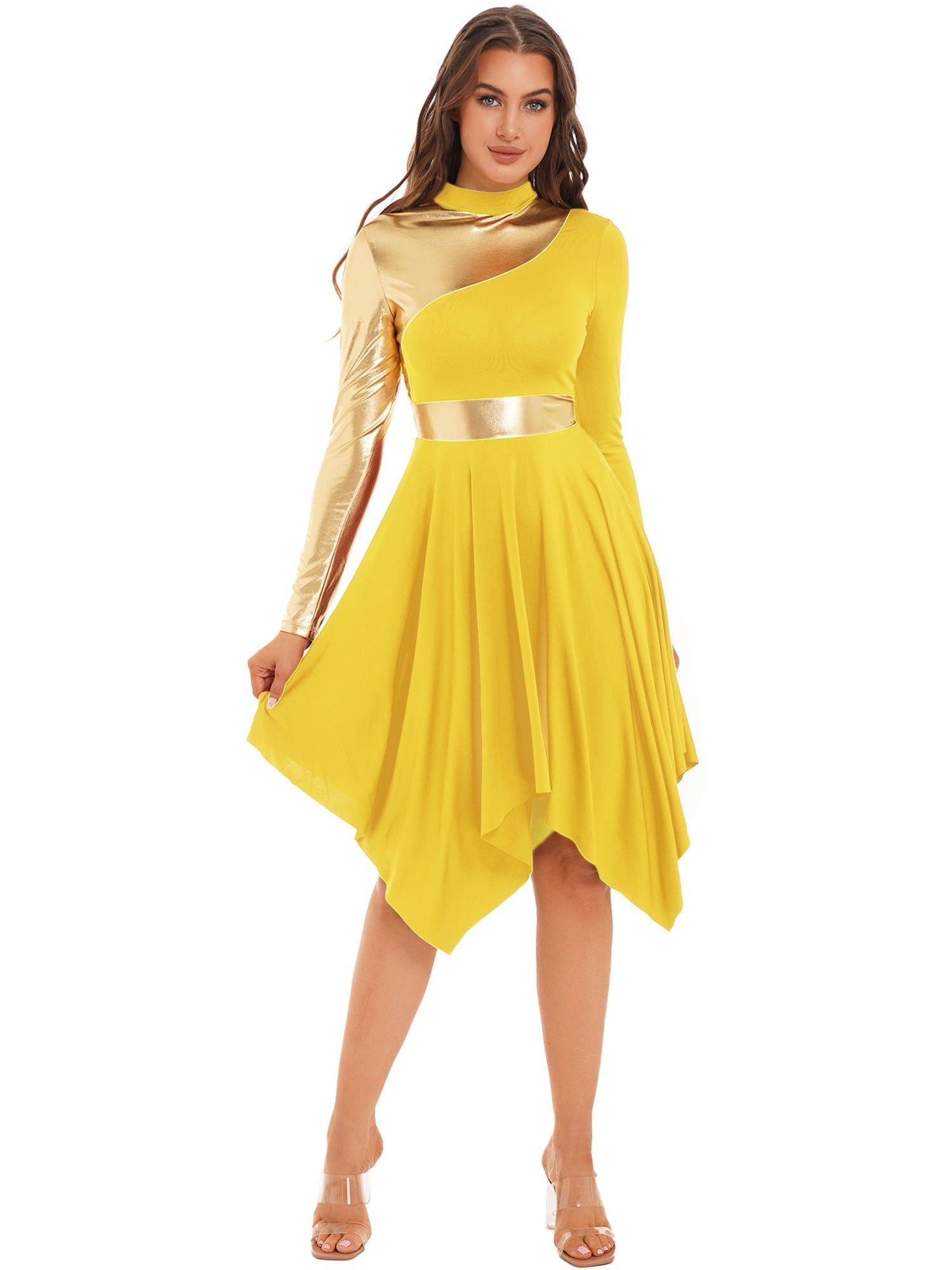 TiaoBug Women s Liturgical Praise Dance Costume Metallic Color Block Dress Church Worship Dancewear Yellow S