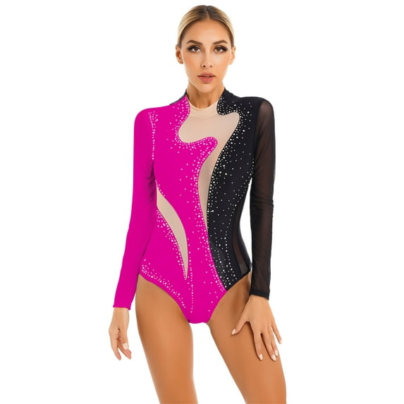 TiaoBug Women's Long Sleeve Ballet Dance Bodysuit Shiny Rhinestone Gymnastics Leotards Figure Ice Skating Dance Costume Black&Rose XXL