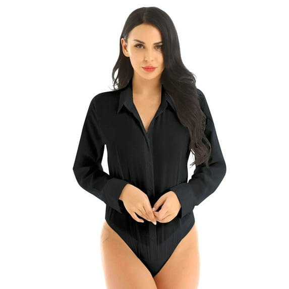 TiaoBug Women's Long Sleeve Button Down One Piece Bodysuit Shirts Career Office Work Blouse Top Black 3XL