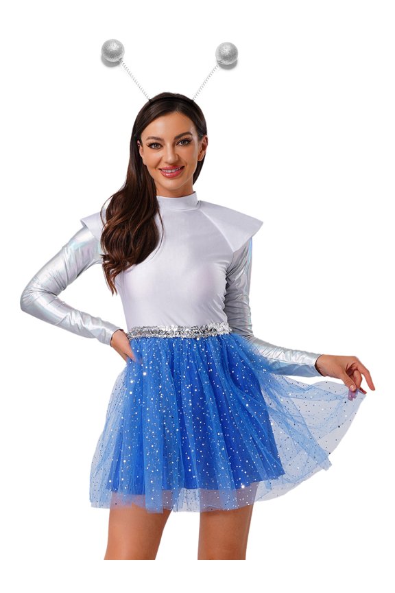 Women's Long Sleeve Metallic Alien Dress Space Cadet Themed Party Outfit with Antenna Headband Blue XXL