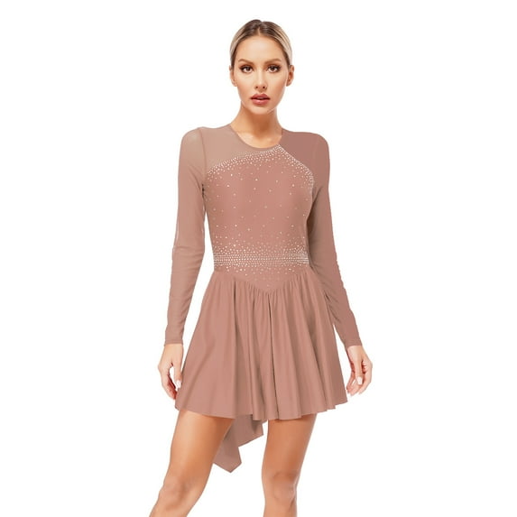 TiaoBug Women's Long Sleeve Rhinestones Ice Skating Dance Costume Hi-Lo Ballet Gymnastic Leotard Dress Dusty Pink L