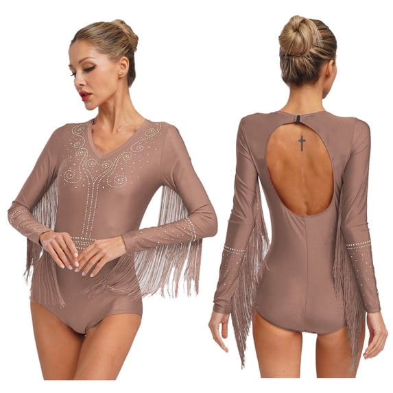 TiaoBug Women's Long Sleeve Tassel Fringe Bodysuit Rhinestones Gymnastics Leotard Rumba Tango Latin Dance Tops Dusty Pink XL