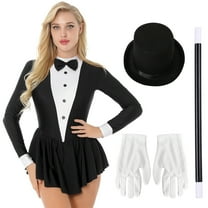 TiaoBug Women's Long Sleeve Tuxedo Dress with Magic Wand Hat Gloves Magician Performance Costume Black L