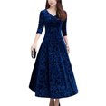 thumbnail image 1 of TiaoBug Women's Long Sleeve Velvet Cocktail Party Dresses Jacquard Flare Swing Wedding Guest Dress Blue 3XL, 1 of 4