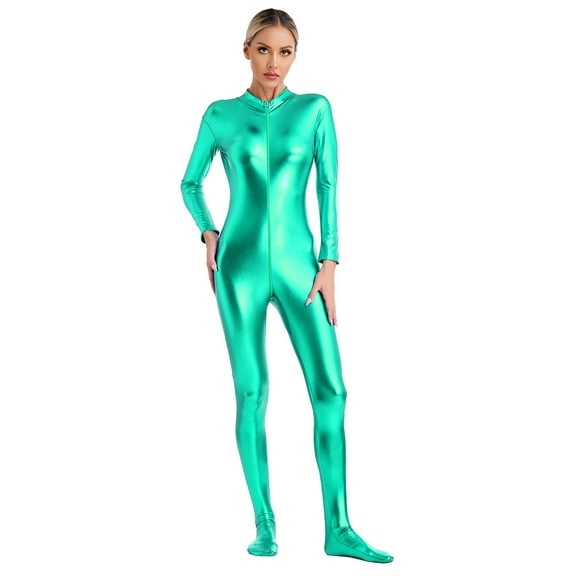 TiaoBug Women's Long Sleeves Catsuit Shiny Metallic Mock Neck Jumpsuit Full Bodysuit Wet Look Latex Leotard Green 3XL