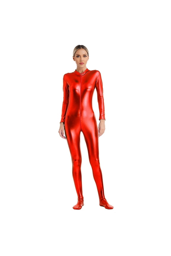 Women's Long Sleeves Catsuit Shiny Metallic Mock Neck Jumpsuit Full Bodysuit Wet Look Latex Leotard Red S
