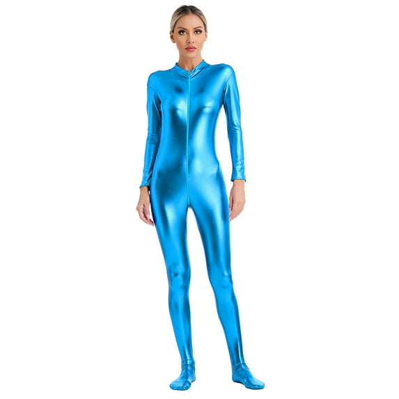 TiaoBug Women's Long Sleeves Catsuit Shiny Metallic Mock Neck Jumpsuit Full Bodysuit Wet Look Latex Leotard Sky Blue S