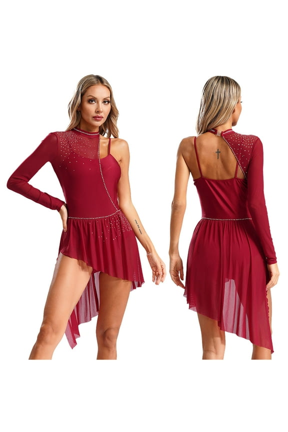 Women's Lyrical Ballet Contemporary Dance Ice Skating Asymmetrical Dress Burgundy S