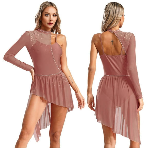 TiaoBug Women's Lyrical Ballet Contemporary Dance Ice Skating Asymmetrical Dress Dusty Pink XXL