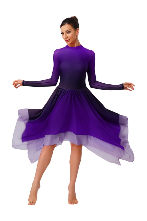 Women's Lyrical Dance Dress Gradient Color Chiffon Swing Modern Contemporary Performance Dress Purple L