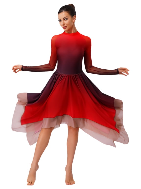 Women's Lyrical Dance Dress Gradient Color Chiffon Swing Modern Contemporary Performance Dress Red S
