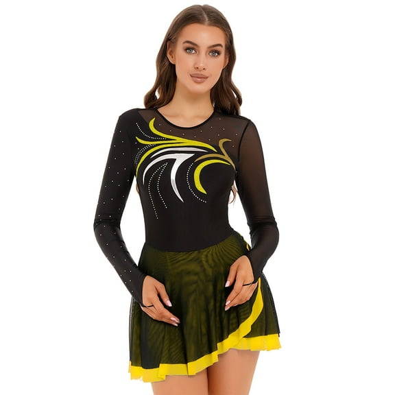TiaoBug Women's Lyrical Dance Dress Rhinestone Ice Figure Skating Leotards Ballet Dancewear Yellow S