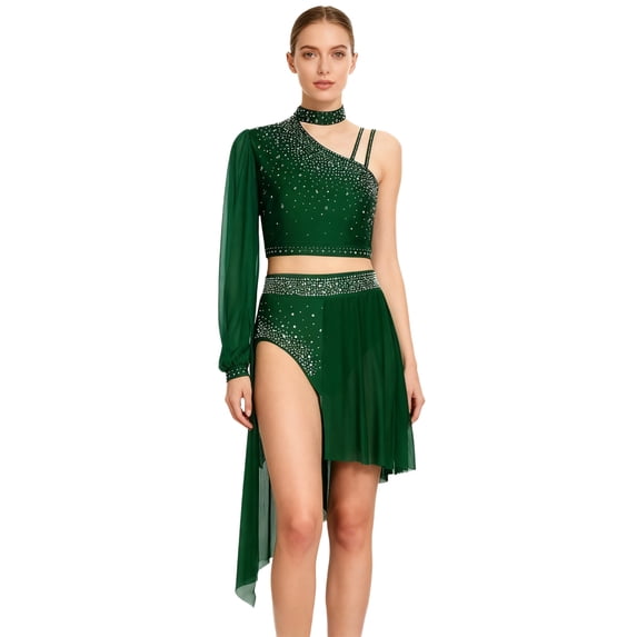 TiaoBug Women's Lyrical Dance Outfit Rhinestone Crop Top with Asymmetrical Skirt Leotard 2-Piece Contemporary Dancewear Green S