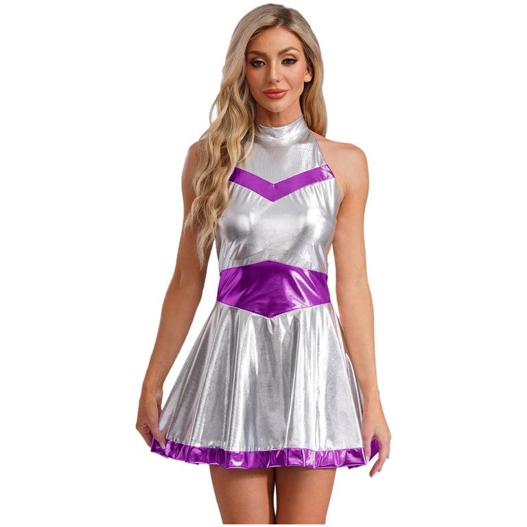 TiaoBug Women's Metallic Alien Dress Halter Neck Shiny Holographic Dance  Dresses Purple XL - Walmart.com