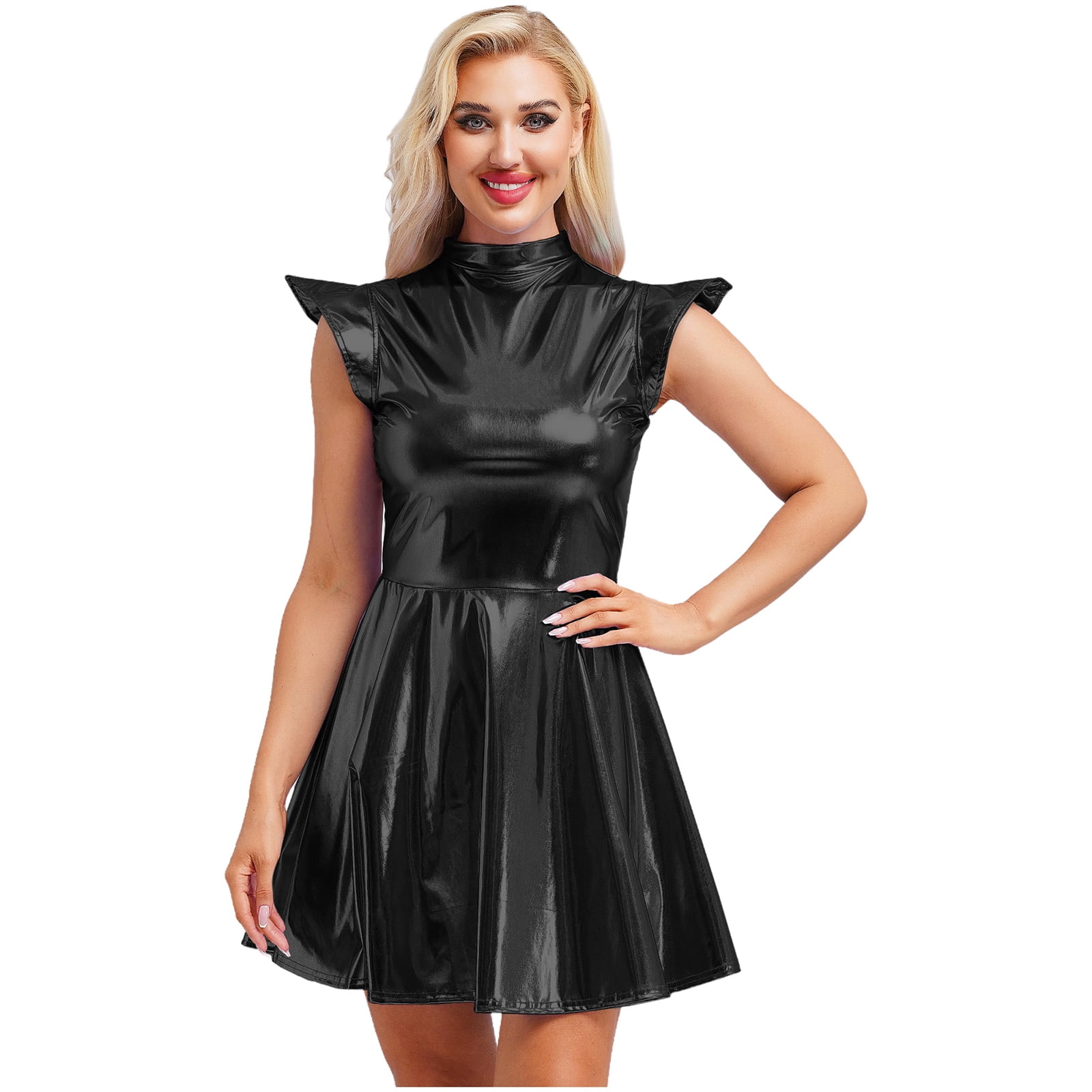 TiaoBug Women's Metallic Sleeveless Club Disco Holographic Dress Wet Look Pleated Dresses Black L