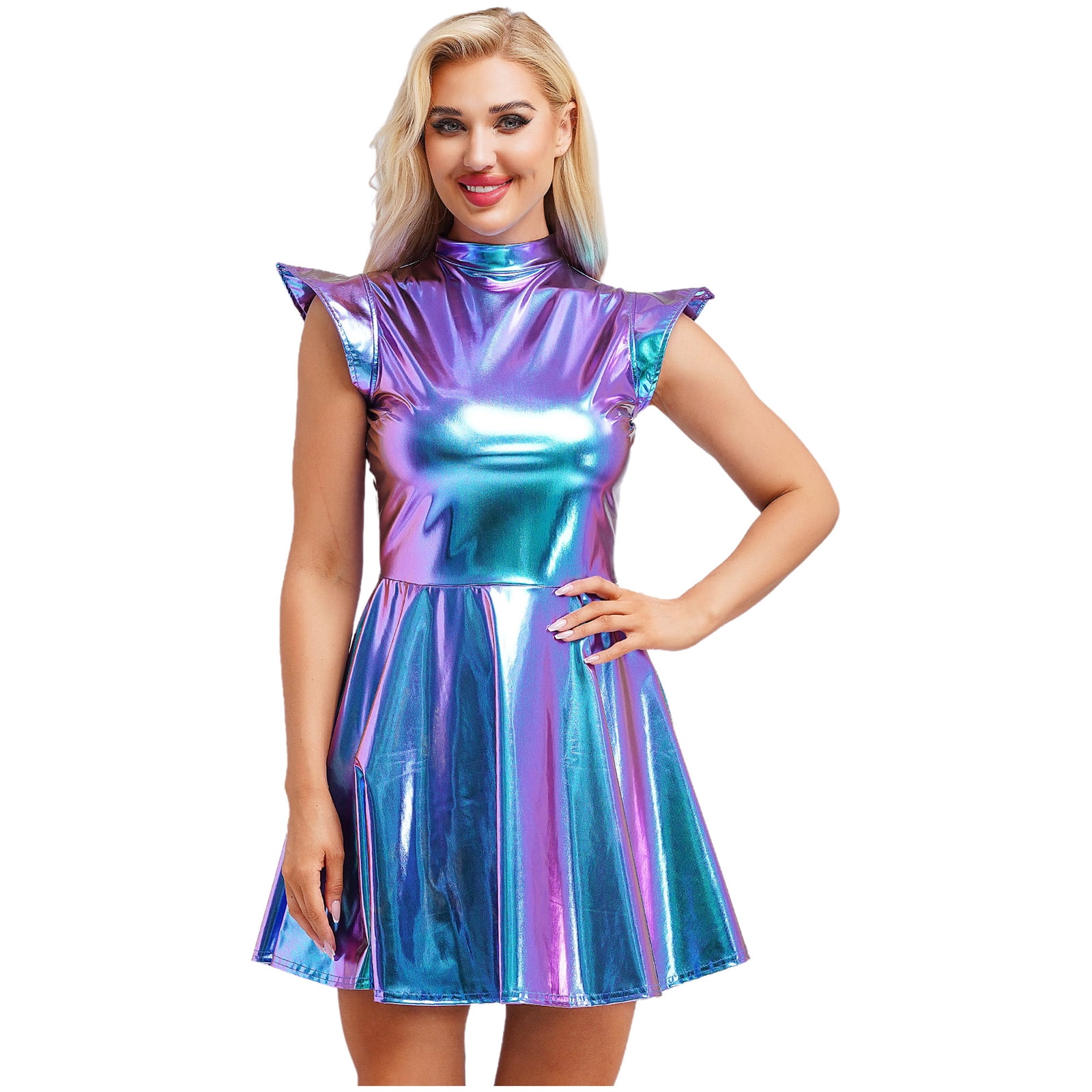 TiaoBug Women's Metallic Sleeveless Club Disco Holographic Dress Wet Look Pleated Dresses Blue L