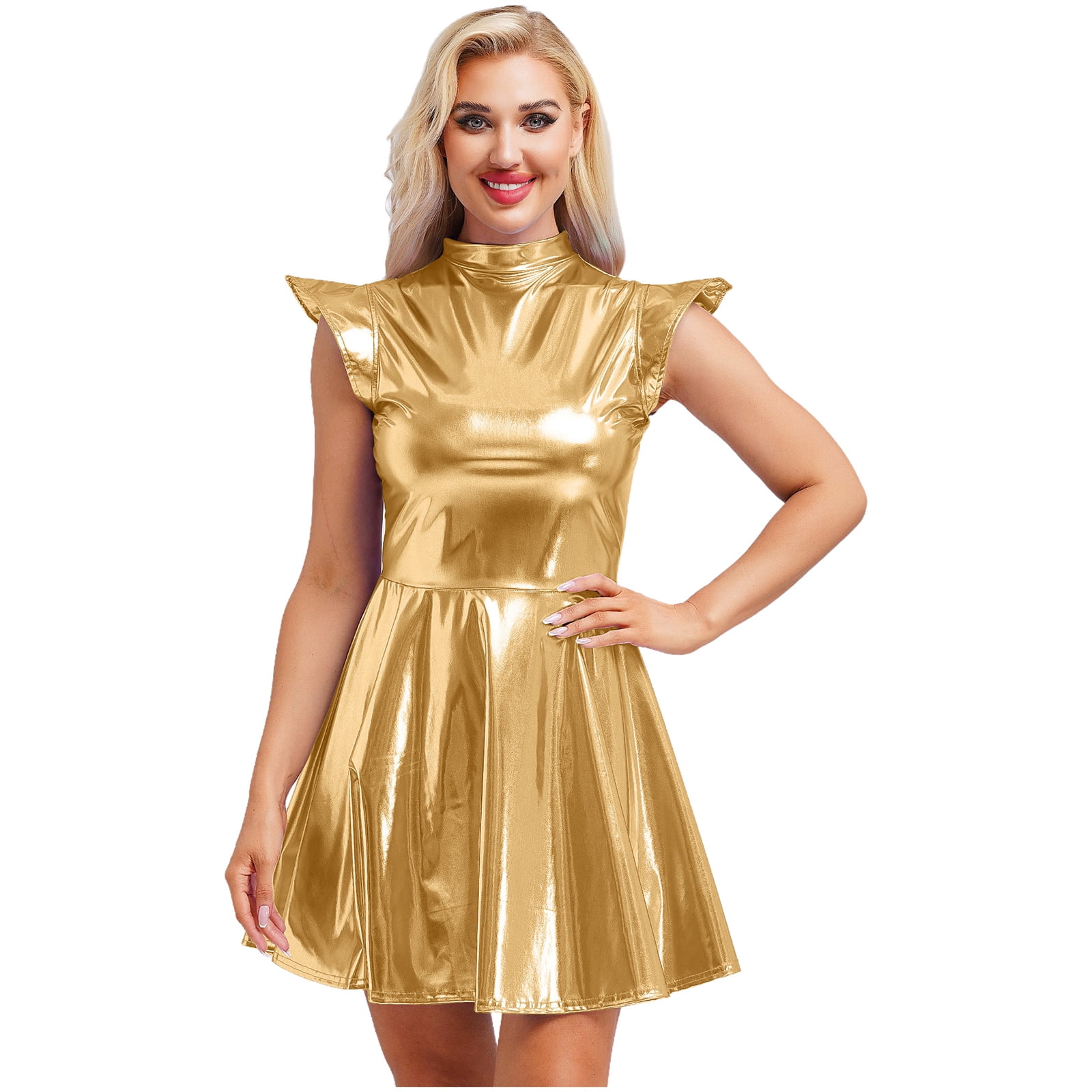 TiaoBug Women's Metallic Sleeveless Club Disco Holographic Dress Wet Look Pleated Dresses Gold XL
