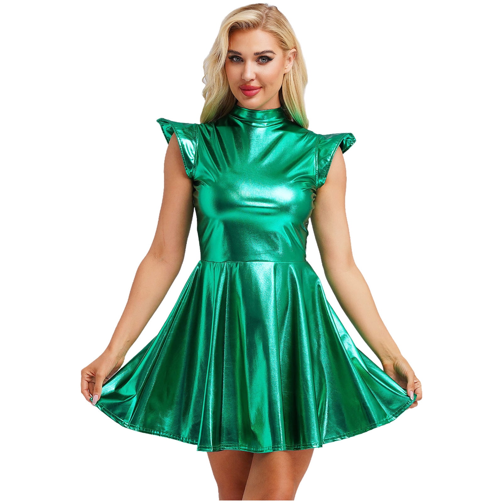 TiaoBug Women's Metallic Sleeveless Club Disco Holographic Dress Wet Look Pleated Dresses Green L