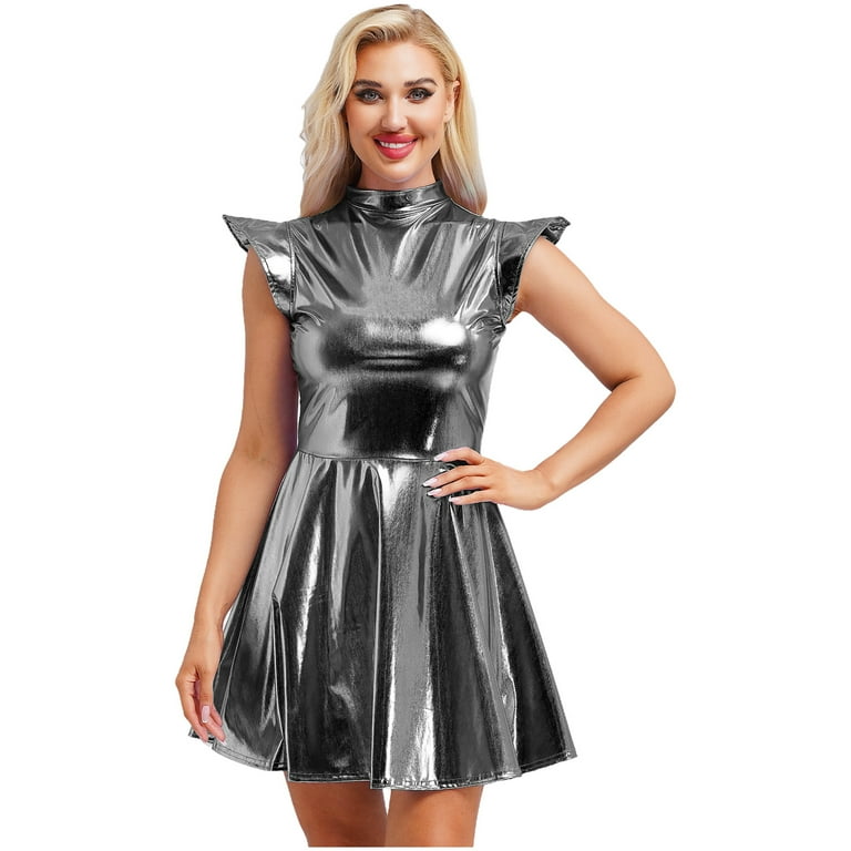 TiaoBug Women's Metallic Sleeveless Club Disco Holographic Dress Wet Look  Pleated Dresses Grey XL - Walmart.com