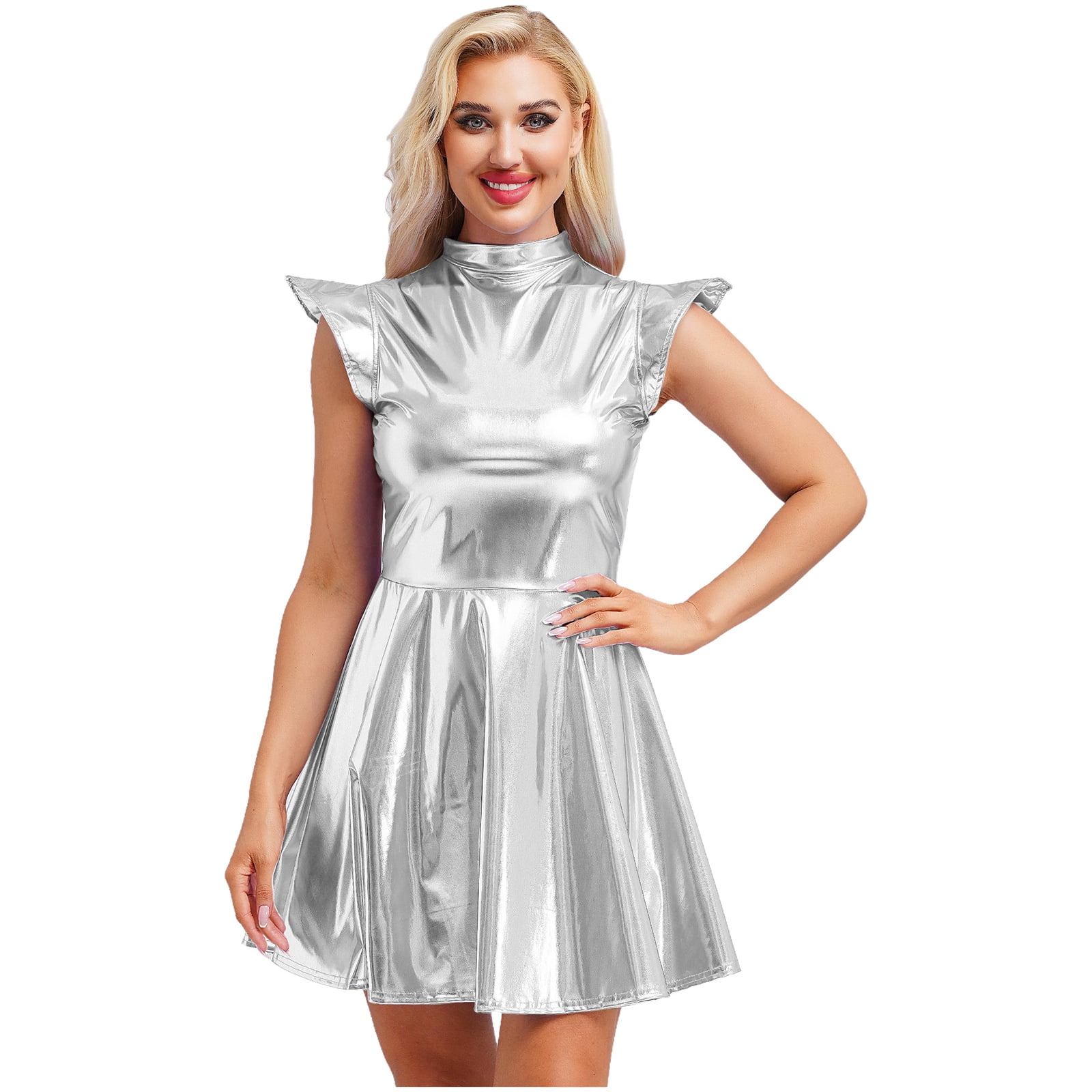 TiaoBug Women's Metallic Sleeveless Club Disco Holographic Dress Wet Look Pleated Dresses Silver M