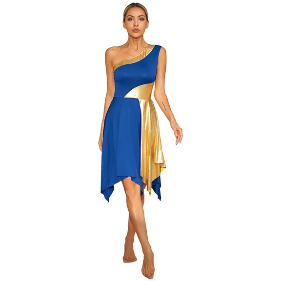 TiaoBug Women's One Shoulder Liturgical Praise Dance Dress Lyrical Worship Dancewear Color Block Performance Costume Blue S