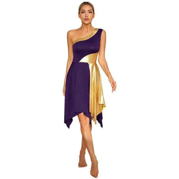 TiaoBug Women's One Shoulder Liturgical Praise Dance Dress Lyrical Worship Dancewear Color Block Performance Costume Purple M