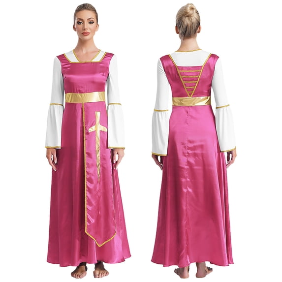 TiaoBug Women's Praise Dance Maxi Dress Full Length Lyrical Dancewear Church Liturgical Robe Hot Pink S