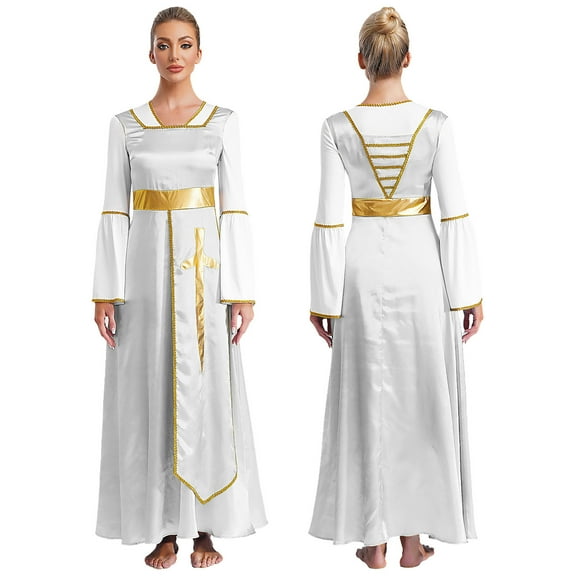 TiaoBug Women's Praise Dance Maxi Dress Full Length Lyrical Dancewear Church Liturgical Robe White S