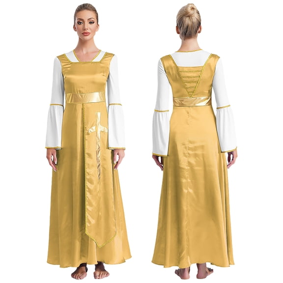 TiaoBug Women's Praise Dance Maxi Dress Full Length Lyrical Dancewear Church Liturgical Robe Yellow S