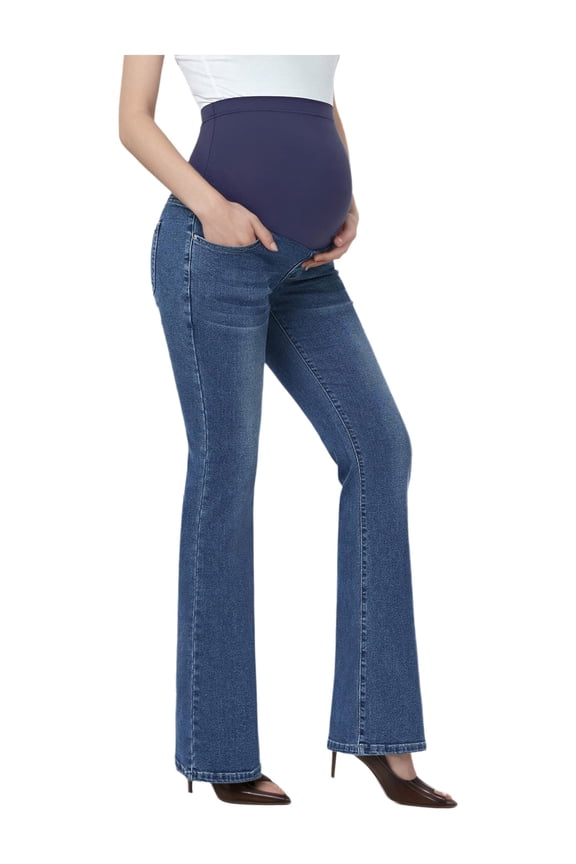 Women's Pregnancy Bootcut Jeans Maternity Over The Belly Stretchy Denim Pants with Pockets for Work Blue L