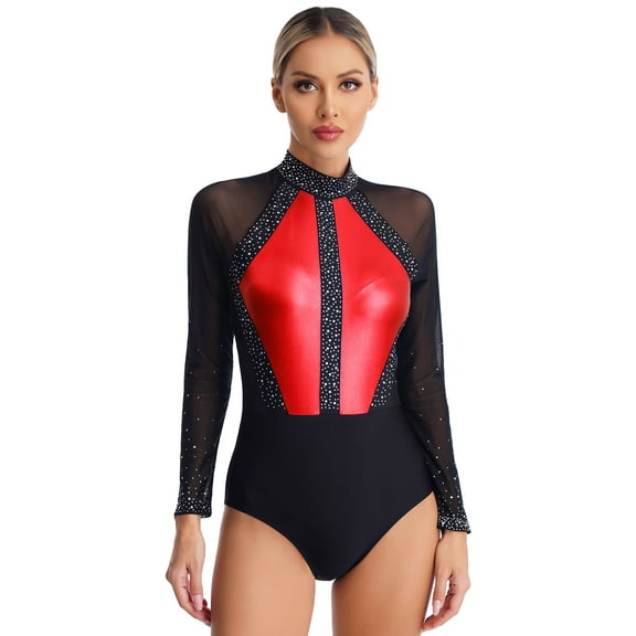 TiaoBug Women's Rhinestone Gymnastics Bodysuit Tops Mesh Sheer Long Sleeve Ballet Dance Leotard Red S
