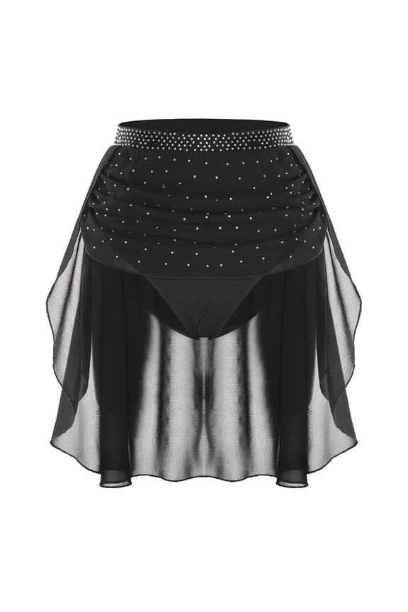 Women's Rhinestone Lyrical Ballet Dance Skirts Flowy Hem High Low Skirt Figure Skating Dancewear Bottoms Black XXL