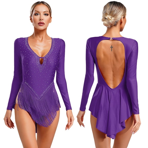 TiaoBug Women's Rhinestones Fringed Backless Bodyusit Latin Jazz Dance Leotard Tops Purple XL