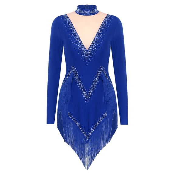 TiaoBug Women's Rhinestones Latin Dance Dress Long Sleeve Fringe Rumba Samba Tango Competition Costume Blue XL