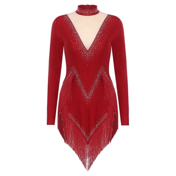 TiaoBug Women's Rhinestones Latin Dance Dress Long Sleeve Fringe Rumba Samba Tango Competition Costume Burgundy XL