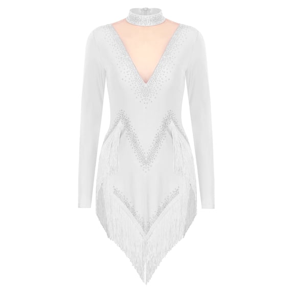 TiaoBug Women's Rhinestones Latin Dance Dress Long Sleeve Fringe Rumba Samba Tango Competition Costume White L