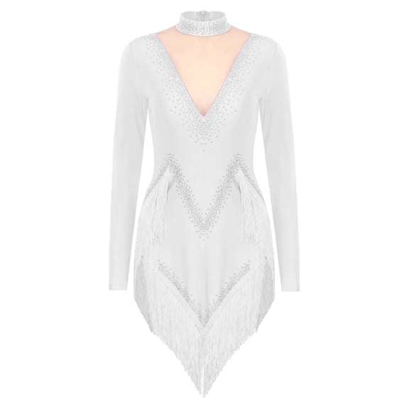 TiaoBug Women's Rhinestones Latin Dance Dress Long Sleeve Fringe Rumba Samba Tango Competition Costume White L