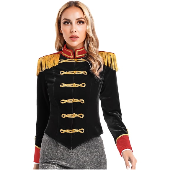 TiaoBug Women's Ringmaster Circus Tailcoat Role Play Costume Victorian Jacket Tassel Velvet Showman Coat Black M