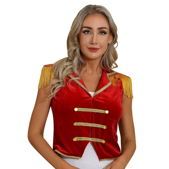 TiaoBug Women's Ringmaster Tailcoat Circus Role Play Costume Velvet  Sleeveless Tassel Steampunk Jacket Top Red XXL