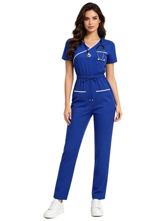 Women's Scrubs Jumpsuit with Multiple Pockets V-neck Short Sleeve One Piece Nurse Uniform Workwear Blue M