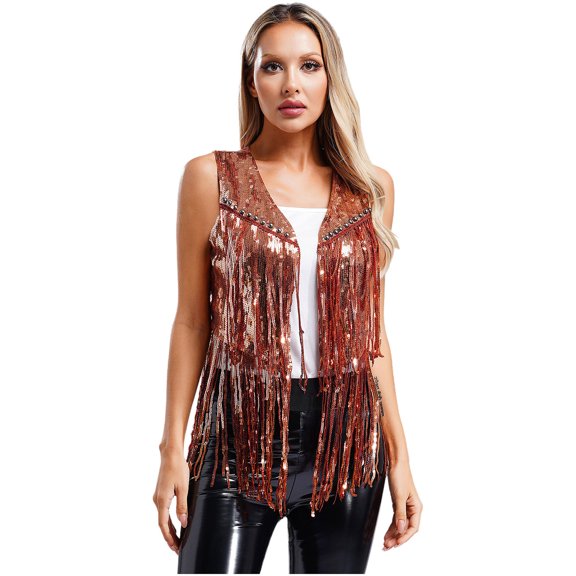 TiaoBug Women's Sequin Fringe Vest Sparkly Rivet Sleeveless Open Front Waistcoat Jackets Coat Gold L