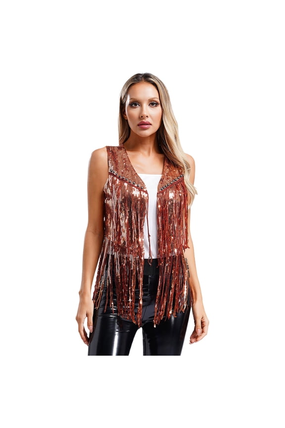Women's Sequin Fringe Vest Sparkly Rivet Sleeveless Open Front Waistcoat Jackets Coat Gold L