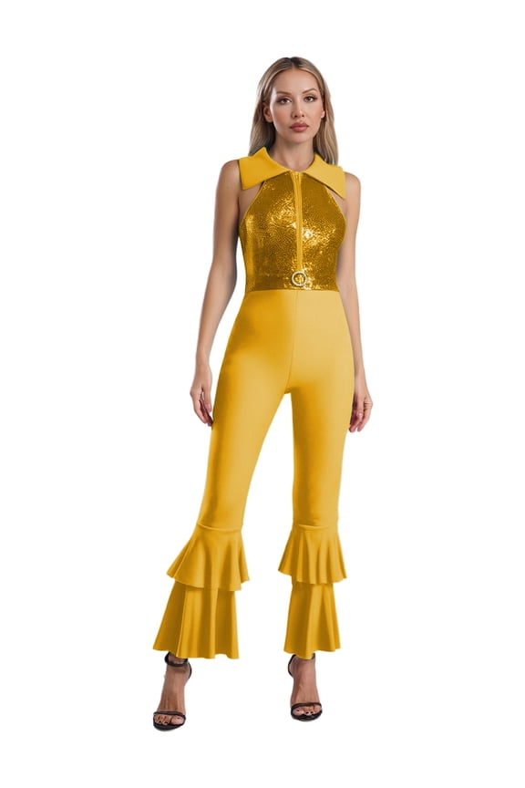 Women's Sequin Sleeveless Disco Jumpsuit Tiered Bell Bottom Hippie Romper 70s Party Romper Gold XXL