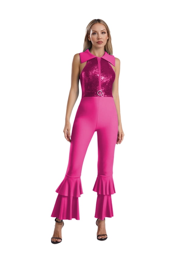 Women's Sequin Sleeveless Disco Jumpsuit Tiered Bell Bottom Hippie Romper 70s Party Romper Hot Pink 3XL