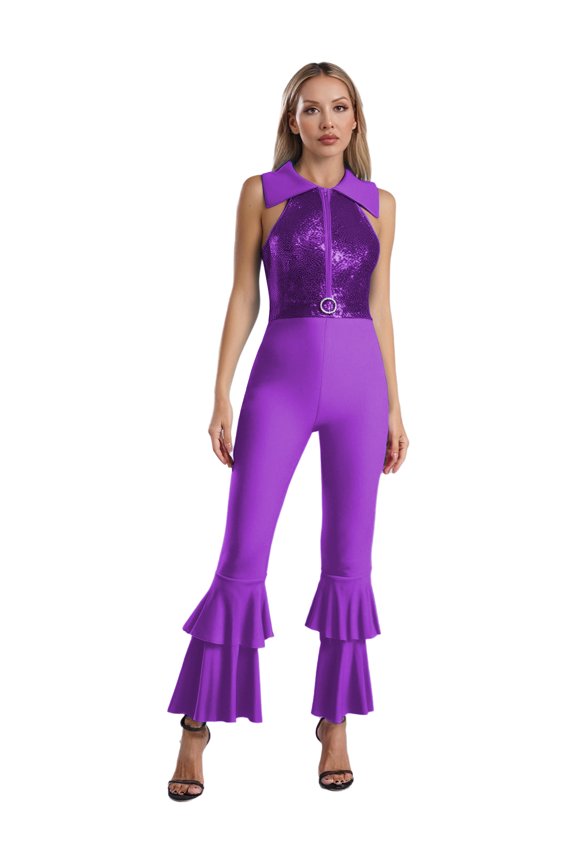 Women's Sequin Sleeveless Disco Jumpsuit Tiered Bell Bottom Hippie Romper 70s Party Romper Purple 4XL