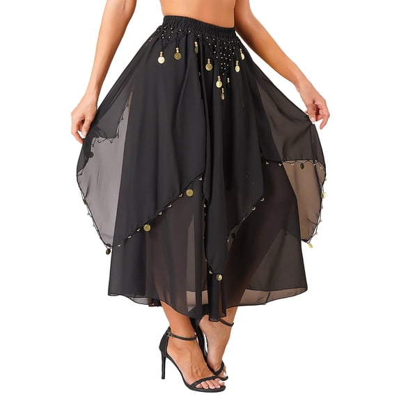 TiaoBug Women's Sequins Belly Dance Hip Skirt Asymmetrical Chiffon Skirts Rave Party Dancewear Black One Size