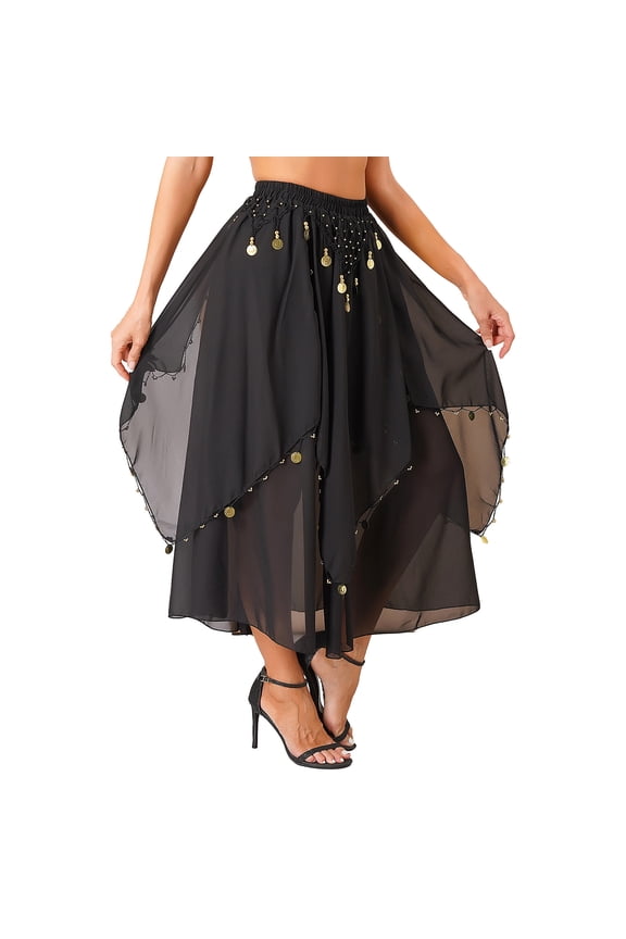 Women's Sequins Belly Dance Hip Skirt Asymmetrical Chiffon Skirts Rave Party Dancewear Black One Size