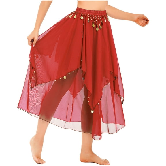 TiaoBug Women's Sequins Belly Dance Hip Skirt Asymmetrical Chiffon Skirts Rave Party Dancewear Red One Size